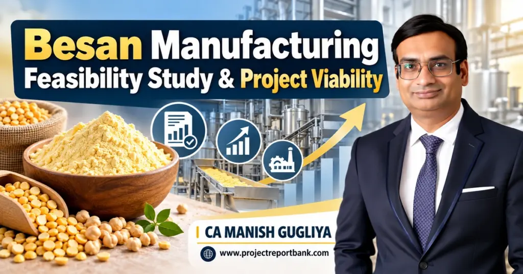 Besan Manufacturing Feasibility Study and Project Viability in India featuring gram flour, chana dal, processing plant, financial growth charts and CA Manish Gugliya.