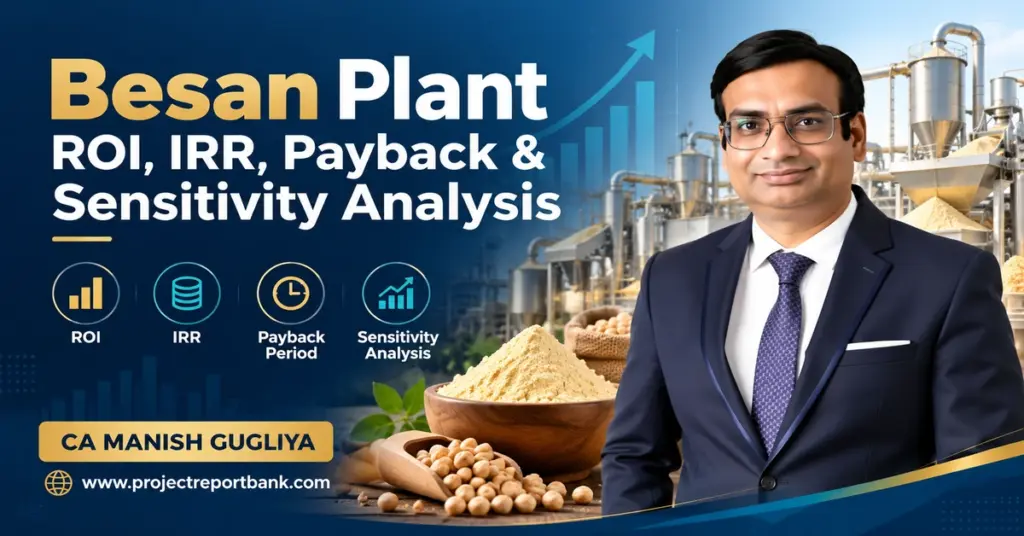 Besan Plant ROI, IRR, Payback Period and Sensitivity Analysis featuring CA Manish Gugliya, financial growth charts, besan manufacturing machinery and chickpea flour.