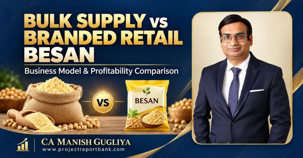 Bulk supply vs branded retail besan profitability comparison, featuring a bulk flour sack, packaged besan and CA Manish Gugliya.