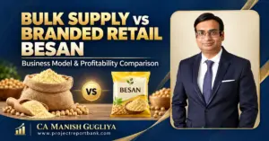 Bulk supply vs branded retail besan profitability comparison, featuring a bulk flour sack, packaged besan and CA Manish Gugliya.
