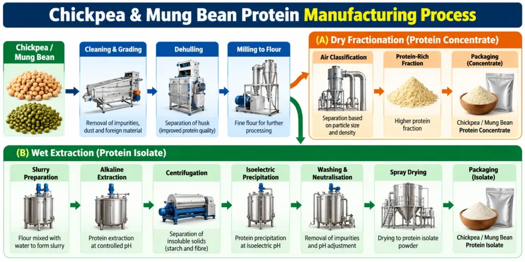 chickpea mung bean protein manufacturing process Chickpea and Mung Bean Protein Manufacturing Process Flowchart showing cleaning, grading, dehulling, milling, dry fractionation, air classification, wet extraction, centrifugation, spray drying, and packaging of protein concentrate and isolate.