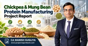 chickpea mung bean protein project report 1200x628 Create a professional blog post feature image in exact size 1200 × 628 px, 16:9 ratio for the above topic: Use my uploaded face/photo of CA Manish Gugliya and place the portrait on the right side, professionally integrated into the design. Include clearly readable text: CA MANISH GUGLIYA www.projectreportbank.com Keep all important text, name, website, icons, arrows and portrait comfortably inside a safe margin of at least 60–80 pixels from every outer edge of the 1200 × 628 canvas. Do not place any text flush against the left, right, top or bottom boundary. Maintain extra breathing space around the headline, especially on the left and right sides.