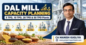 Dal Mill Capacity Planning for 5 TPD, 10 TPD, 20 TPD and 50 TPD plants in India, featuring processing machinery, pulses and CA Manish Gugliya.