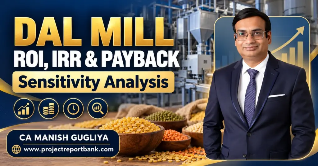 Dal mill ROI, IRR, payback period and sensitivity analysis featuring CA Manish Gugliya, pulse processing machinery and investment return graphics.
