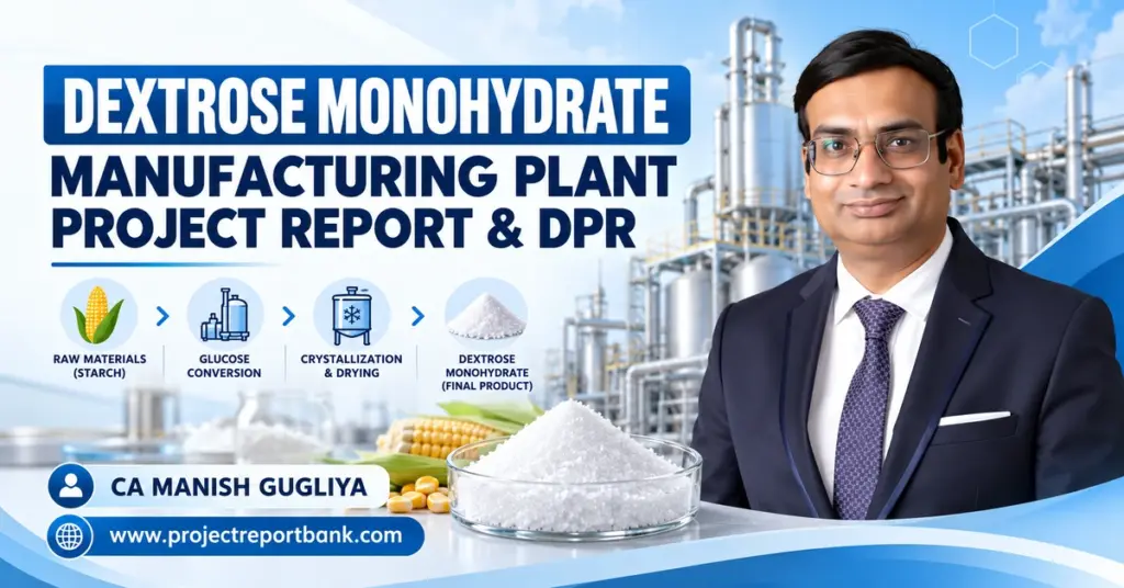 Dextrose Monohydrate Manufacturing Plant Project Report & DPR in India featuring maize starch processing, glucose conversion, crystallization, and CA Manish Gugliya.