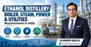 Ethanol Distillery Boiler, Steam, Power & Utilities Requirements in India – Industrial ethanol plant featuring boiler systems, steam pipelines, power infrastructure and CA Manish Gugliya.