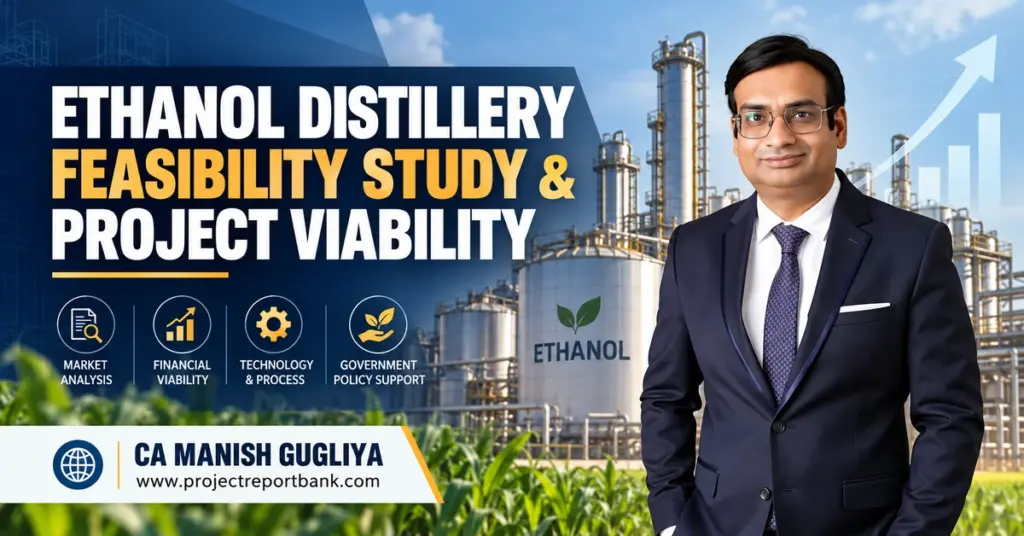 Ethanol Distillery Feasibility Study and Project Viability in India featuring ethanol plant, financial analysis, and CA Manish Gugliya.