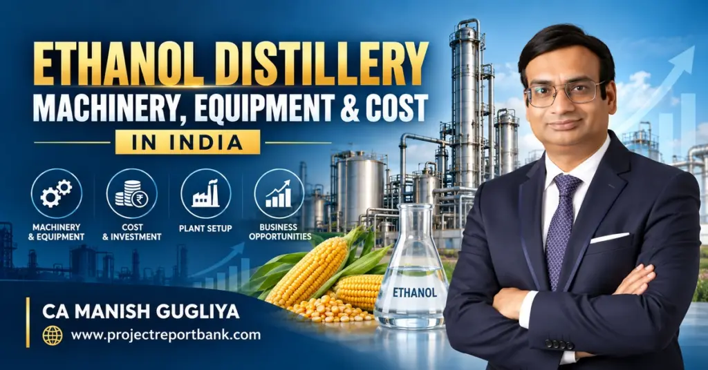Ethanol distillery machinery, equipment and cost in India featuring grain-based ethanol processing plant, industrial distillation equipment and CA Manish Gugliya.