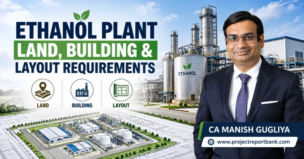 Ethanol Plant Land, Building & Layout Requirements in India – Distillery Infrastructure, Site Planning and Industrial Layout Guide by CA Manish Gugliya.