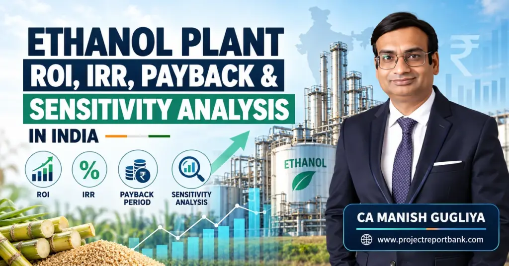 Ethanol Plant ROI, IRR, Payback Period and Sensitivity Analysis in India, featuring ethanol distillery, financial charts and CA Manish Gugliya.