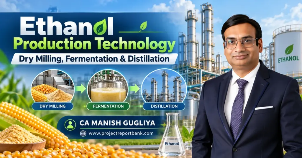 Ethanol Production Technology in India – Dry Milling, Fermentation and Distillation Process, Grain-Based Ethanol Plant with CA Manish Gugliya, Project Report Bank.