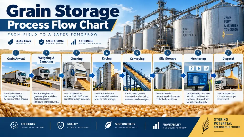 grain storage process flow chart Grain Storage Process Flow Chart showing eight stages: grain arrival, weighing, sampling, cleaning, drying, conveying, silo storage, monitoring and dispatch.