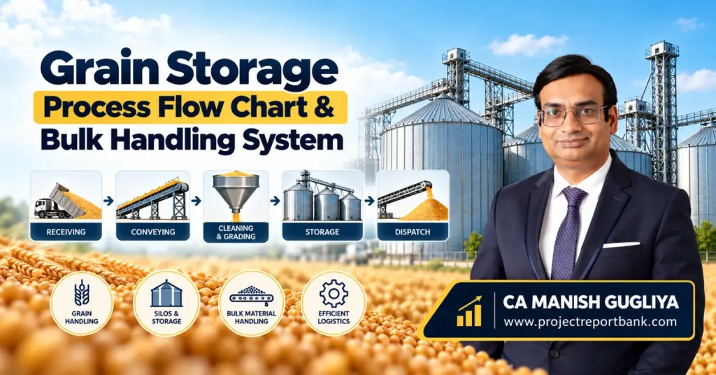 Grain Storage Process Flow Chart & Bulk Handling System showing grain receiving, conveying, cleaning, grading, silo storage and dispatch, featuring CA Manish Gugliya.