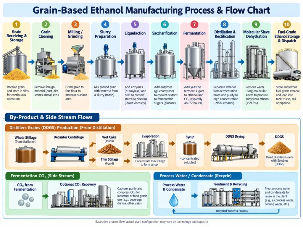 grain based ethanol manufacturing flow chart Grain-based ethanol manufacturing process flow chart showing grain cleaning, milling, liquefaction, saccharification, fermentation, distillation, dehydration, DDGS production and CO₂ recovery.