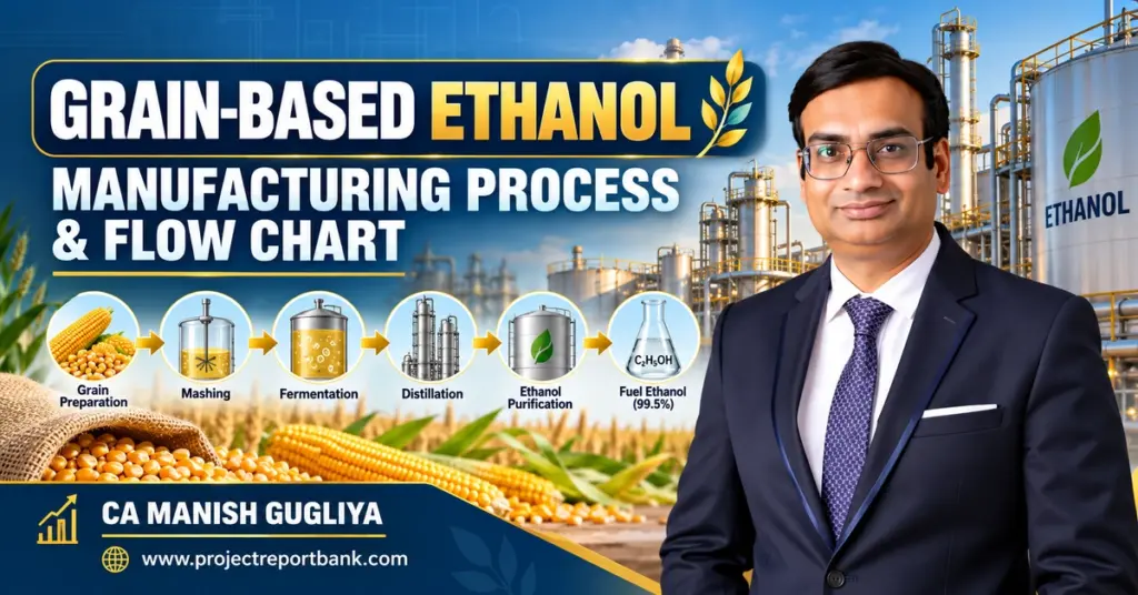 Grain-Based Ethanol Manufacturing Process & Flow Chart in India showing grain preparation, fermentation, distillation and ethanol purification – CA Manish Gugliya.