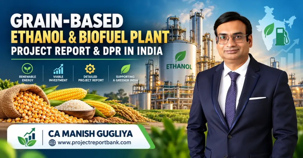 Grain-Based Ethanol & Biofuel Plant Project Report and DPR in India featuring ethanol distillery, maize, rice, and CA Manish Gugliya – Project Report Bank.