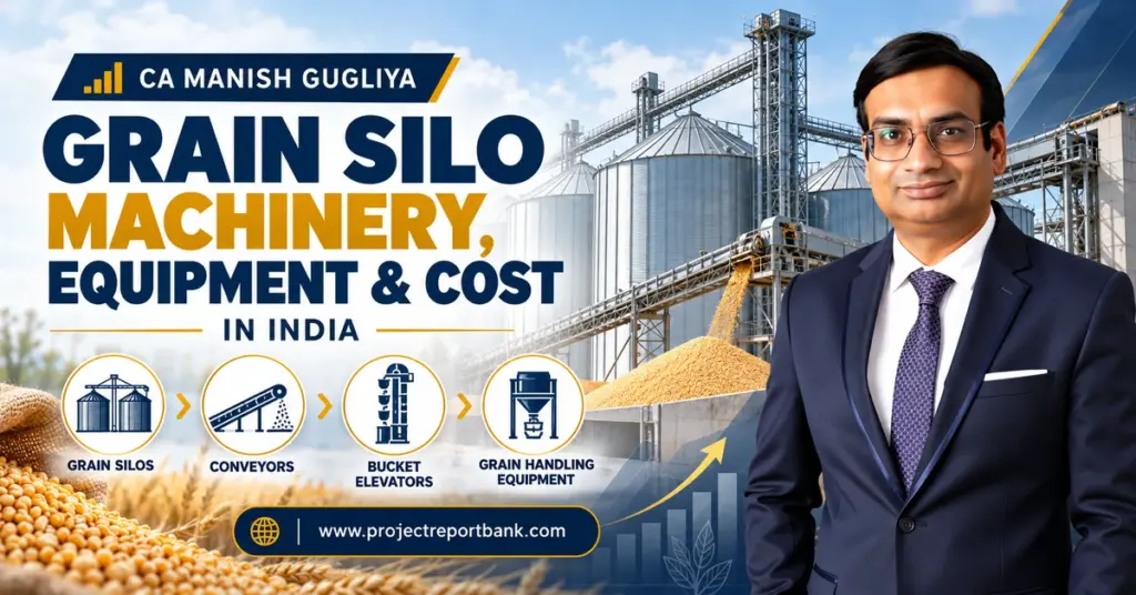 Grain Silo Machinery, Equipment & Cost in India featuring steel grain silos, conveyors, bucket elevators and grain handling systems – CA Manish Gugliya.
