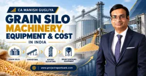 Grain Silo Machinery, Equipment & Cost in India featuring steel grain silos, conveyors, bucket elevators and grain handling systems – CA Manish Gugliya.