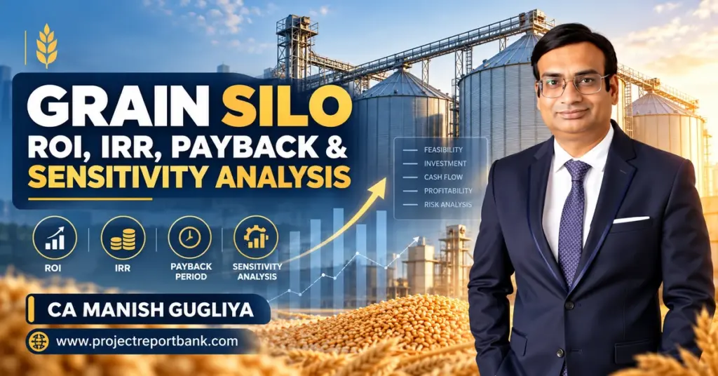Grain Silo ROI, IRR, Payback Period and Sensitivity Analysis in India, featuring grain storage silos, financial charts and CA Manish Gugliya.