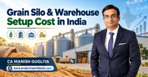 Grain Silo & Warehouse Setup Cost in India – Modern steel grain silos, warehouse infrastructure, investment planning and construction costs, featuring CA Manish Gugliya.
