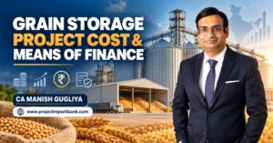 grain storage project cost means of finance 1200x628 Grain Storage Project Cost & Means of Finance in India featuring modern grain silos, warehouse infrastructure, financing icons and CA Manish Gugliya.
