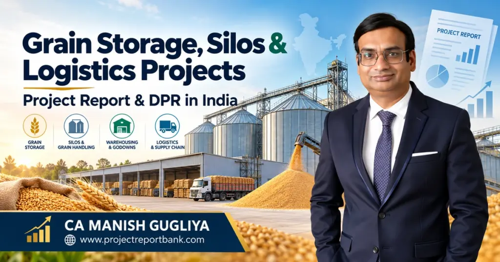 Grain Storage, Silos & Logistics Projects – Project Report & DPR in India featuring steel grain silos, warehouses, grain handling, logistics infrastructure and CA Manish Gugliya.