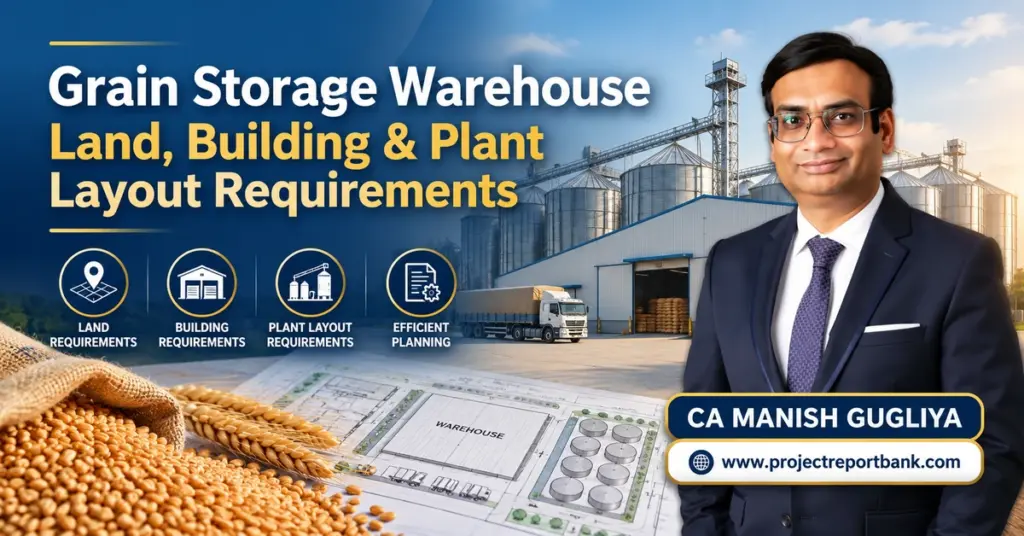 Grain Storage Warehouse Land, Building & Plant Layout Requirements in India, featuring grain silos, warehouse infrastructure, site layout planning and CA Manish Gugliya.
