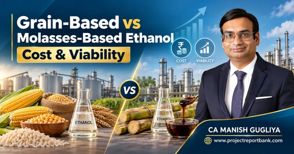 Grain-Based vs Molasses-Based Ethanol Plant Cost and Viability Comparison in India – Ethanol Distillery, Raw Materials, Profitability and Investment Analysis by CA Manish Gugliya.