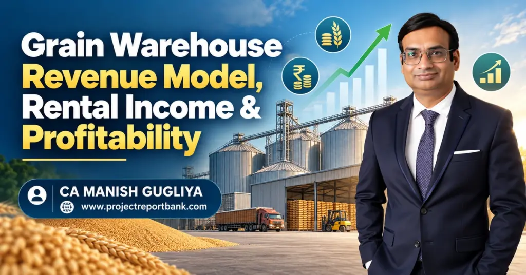Grain Warehouse Revenue Model, Rental Income & Profitability in India – Grain storage silos, warehouse operations, financial growth chart and CA Manish Gugliya.