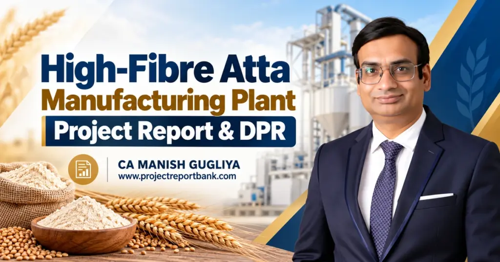 give alt text of this image High-Fibre Atta Manufacturing Plant Project Report & DPR in India featuring wheat flour, processing plant and CA Manish Gugliya.