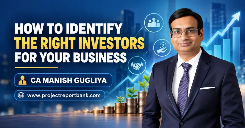 How to Identify the Right Investors for Your Business in India – Investor selection, equity funding and business growth guide by CA Manish Gugliya, featuring financial growth charts and investment illustrations.