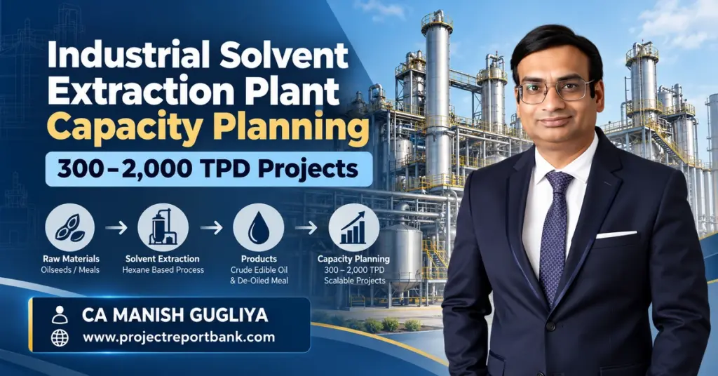 Industrial Solvent Extraction Plant Capacity Planning for 300–2,000 TPD Projects in India, featuring industrial processing facilities and CA Manish Gugliya, ProjectReportBank.com.