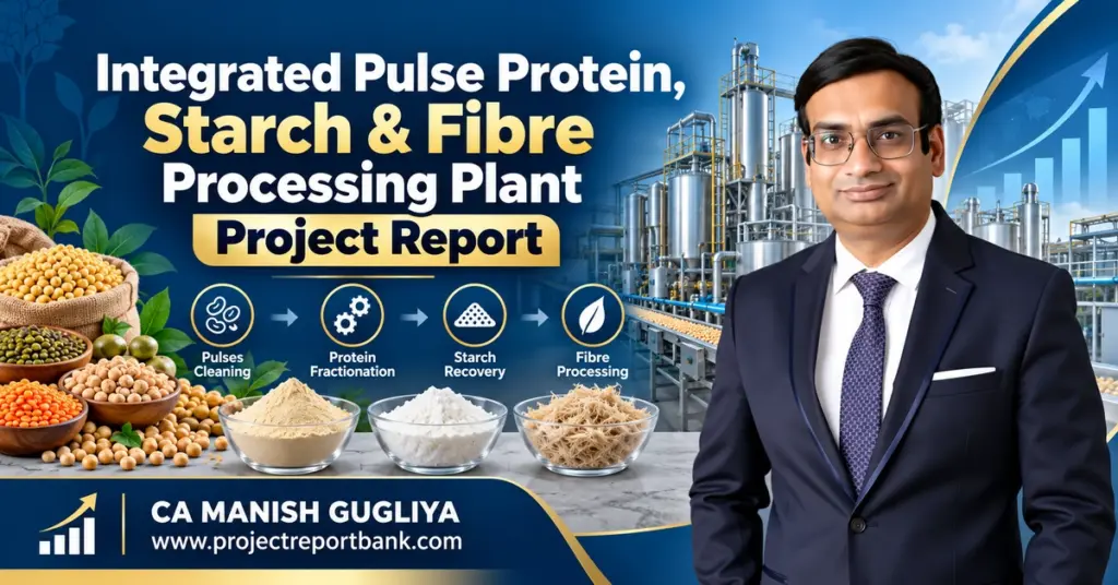 Integrated Pulse Protein, Starch & Fibre Processing Plant Project Report and DPR featuring industrial processing machinery, pulse protein extraction, starch recovery, fibre processing, and CA Manish Gugliya – ProjectReportBank.com.