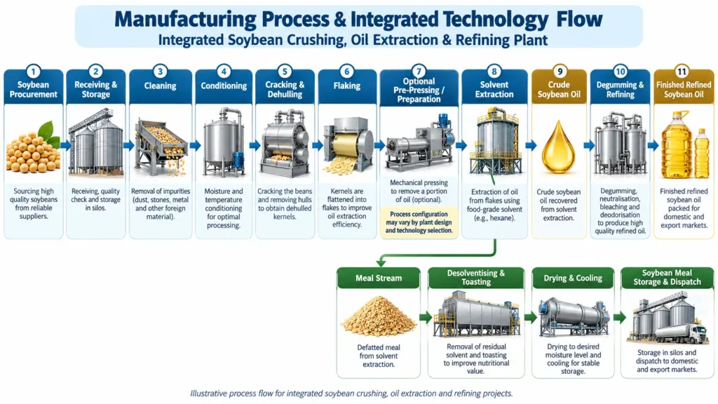 Integrated Soybean Crushing, Oil Extraction & Refining Plant Manufacturing Process Flowchart showing soybean procurement, cleaning, conditioning, dehulling, flaking, solvent extraction, crude oil refining, and soybean meal processing in India.