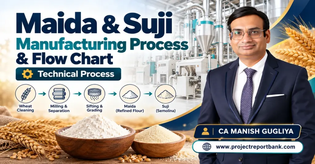 Maida & Suji Manufacturing Process & Flow Chart showing wheat milling machinery, cleaning, sifting, grading, refined flour and semolina production, by CA Manish Gugliya.
