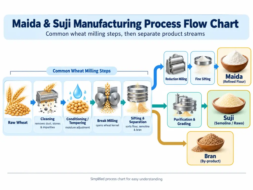 maida suji manufacturing process flow chart Maida & Suji Manufacturing Process Flow Chart showing wheat cleaning, conditioning, break milling, sifting, separation, maida production, suji purification and wheat bran recovery.