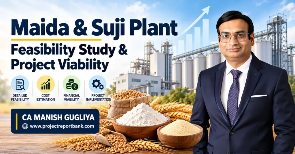 Maida & Suji Plant Feasibility Study and Project Viability in India, featuring wheat milling plant, financial analysis, investment planning, and CA Manish Gugliya.
