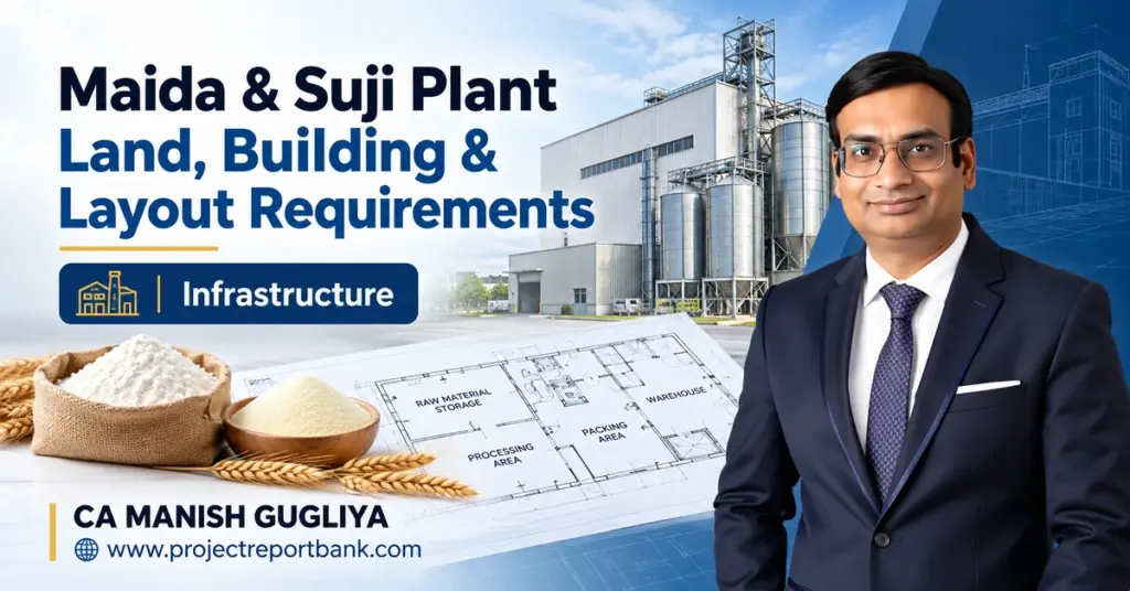 Maida & Suji Plant Land, Building and Layout Requirements in India, featuring wheat milling factory infrastructure, plant layout design, flour storage and CA Manish Gugliya.