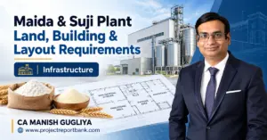 maida suji plant land building layout 1200x628 Maida & Suji Plant Land, Building and Layout Requirements in India, featuring wheat milling factory infrastructure, plant layout design, flour storage and CA Manish Gugliya.