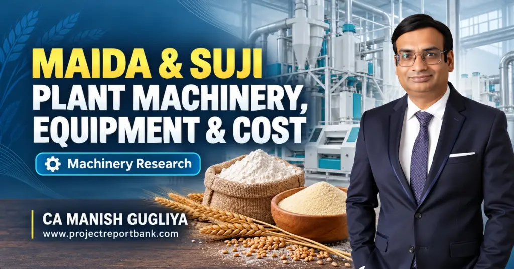 Maida and Suji Plant Machinery, Equipment and Cost in India, featuring industrial wheat flour milling machines, maida, suji and CA Manish Gugliya.
