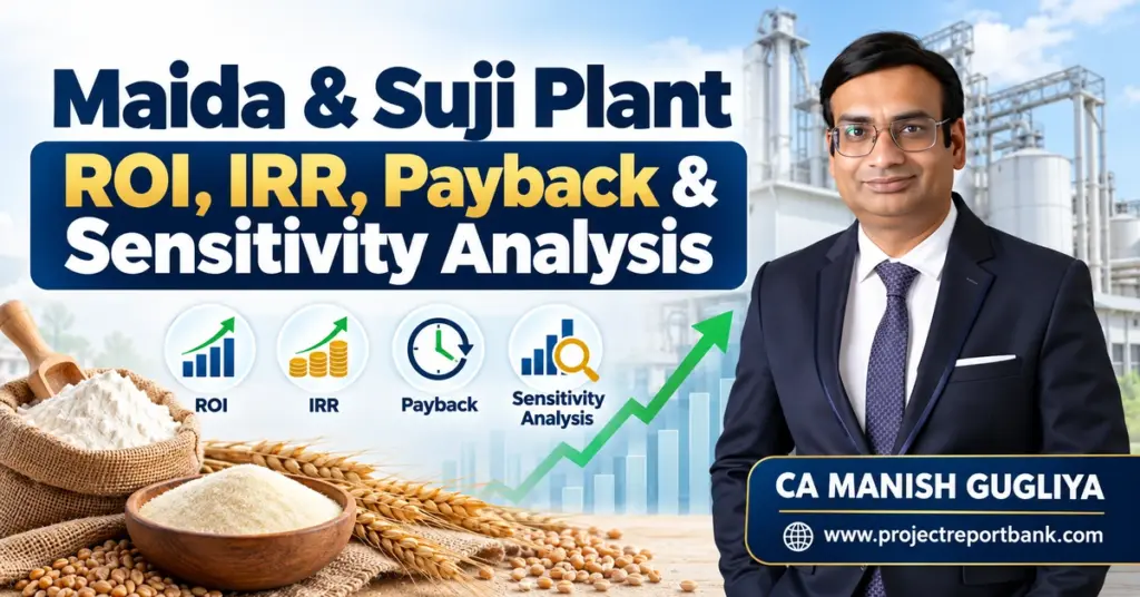 Maida & Suji Plant ROI, IRR, Payback and Sensitivity Analysis in India, featuring financial growth charts, wheat processing plant and CA Manish Gugliya.