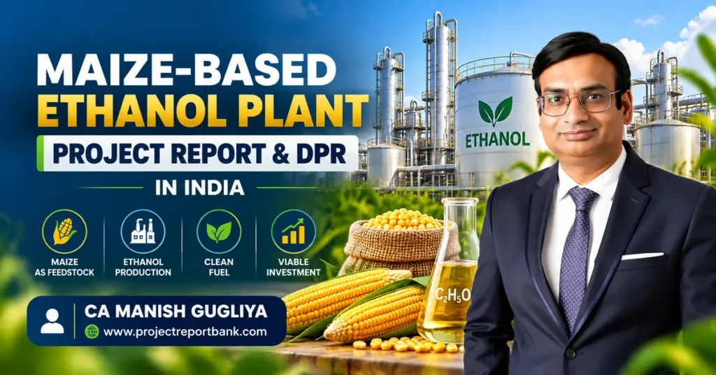 Maize-Based Ethanol Plant Project Report & DPR in India featuring ethanol manufacturing facility, maize feedstock, biofuel production and CA Manish Gugliya.