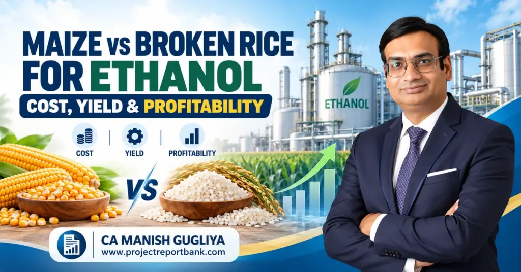 give alt text of this image Maize vs Broken Rice for Ethanol – Cost, Yield & Profitability Comparison in India, featuring an ethanol production plant and CA Manish Gugliya.