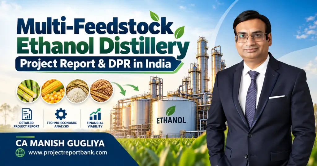 Multi-Feedstock Ethanol Distillery Project Report & DPR in India featuring ethanol plant, maize, rice, sugarcane, financial viability analysis and CA Manish Gugliya.