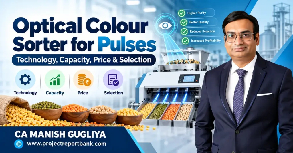 Optical Colour Sorter for Pulses – Technology, Capacity, Price & Selection in India, featuring pulse sorting machinery and CA Manish Gugliya.