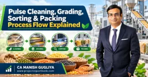 Pulse cleaning, grading, sorting and packing process flow showing industrial machinery, automated pulse processing stages and CA Manish Gugliya – ProjectReportBank.com. Is this conversation helpful so far?