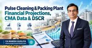 Pulse Cleaning & Packing Plant Financial Projections, CMA Data and DSCR analysis featuring CA Manish Gugliya, pulse processing machinery, financial charts and project report.