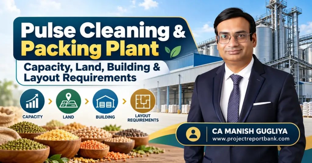 Pulse Cleaning and Packing Plant Capacity, Land, Building and Layout Requirements in India, featuring industrial plant infrastructure and CA Manish Gugliya.