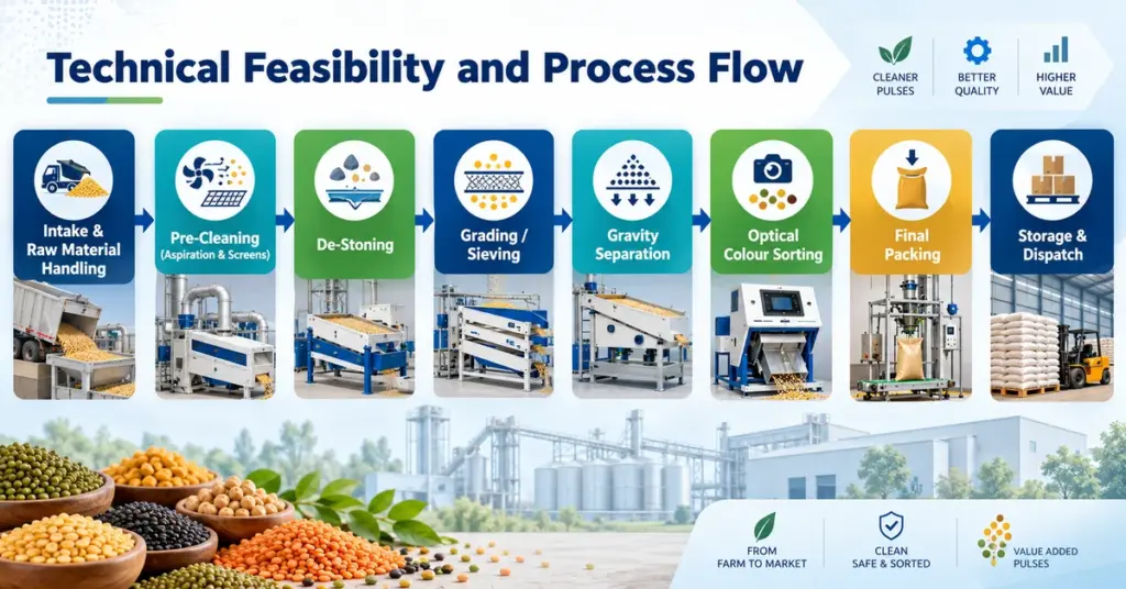 Pulse Cleaning and Sorting Plant Technical Feasibility Process Flow Chart showing raw material intake, pre-cleaning, de-stoning, grading, gravity separation, optical colour sorting, packing and dispatch.