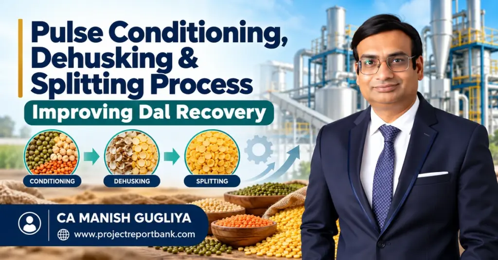 Pulse Conditioning, Dehusking and Splitting Process for Improving Dal Recovery in India, featuring dal milling stages, processing machinery and CA Manish Gugliya.